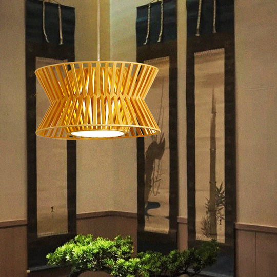 Curvaceous Asian Wood Pendant Light - Beige Suspended Lighting Fixture (1-Light 16/19.5 Wide)