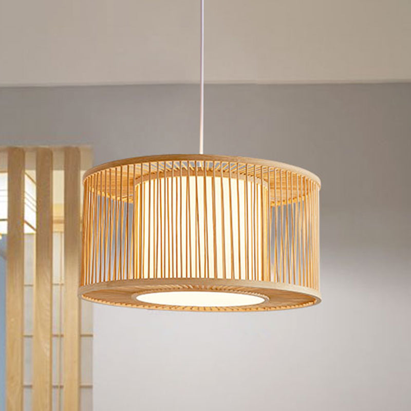 Bamboo Bistro Pendant Light - Handmade Drum Cage Asian Hanging Lamp Kit 1 Bulb With Inner Shade Wood