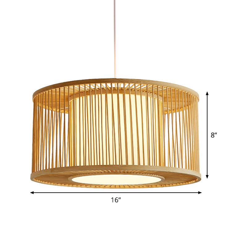 Bamboo Bistro Pendant Light - Handmade Drum Cage Asian Hanging Lamp Kit 1 Bulb With Inner Shade