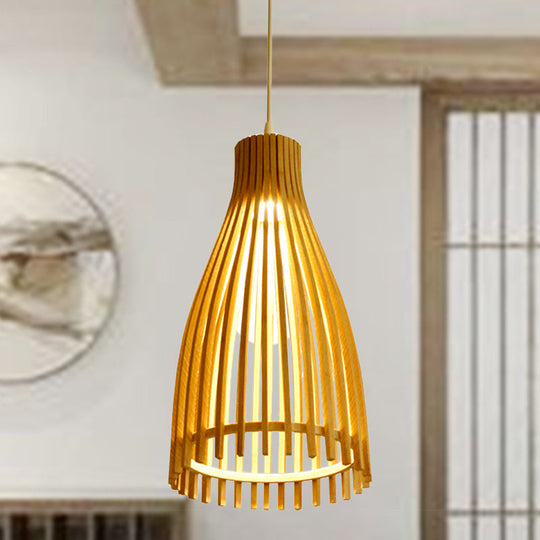 Japanese Conical Bamboo Strip Pendant Lamp - Natural Beige Hanging Ceiling Light For Tea House