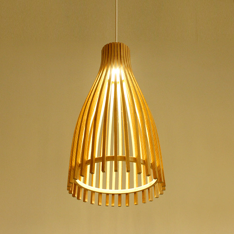 Japanese Conical Bamboo Strip Pendant Lamp - Natural Beige Hanging Ceiling Light For Tea House