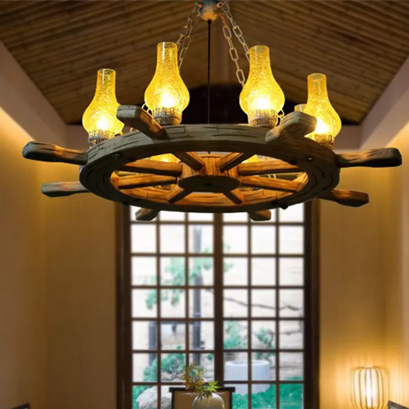 Coastal Wood Rudder Pendant Light Kit With Yellow Crackle Glass Shade - 8-Light Chandelier For