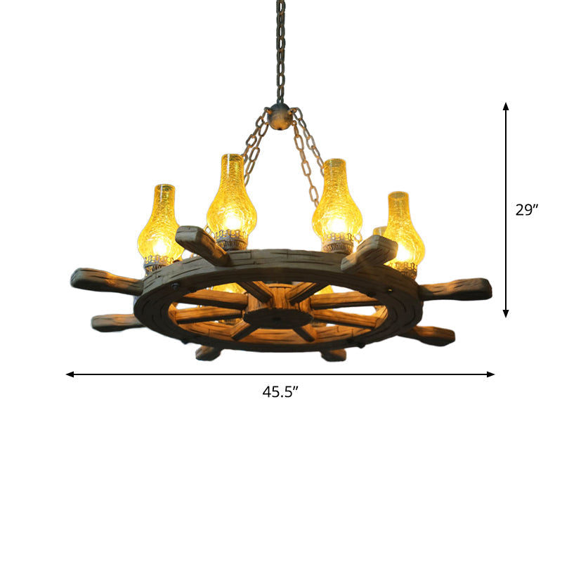 Coastal Wood Rudder Pendant Light Kit With Yellow Crackle Glass Shade - 8-Light Chandelier For