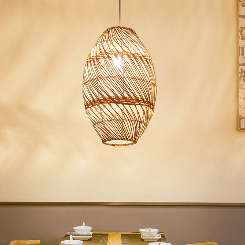 Asian Bamboo Rattan Oval Pendant Lamp Kit - Tea Room Lighting