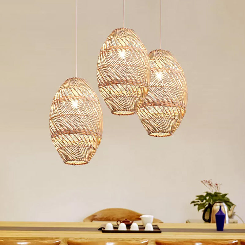 Asian-Inspired Wood Obong Pendant Lamp With Bamboo Rattan Ceiling Suspension