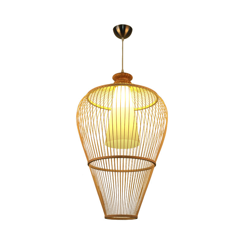 Rustic Bamboo Pendant Light With Cone Shade - Single-Bulb Lighting Fixture In Beige