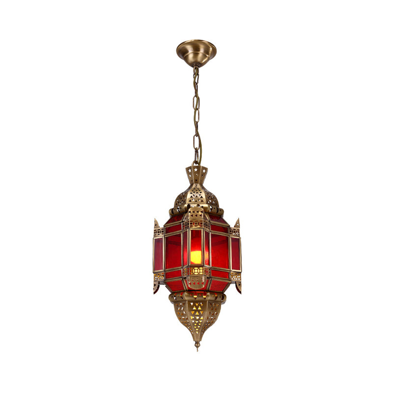 Red Glass Lantern Pendant Chandelier - Traditional Style 3 Light Brass Fixture