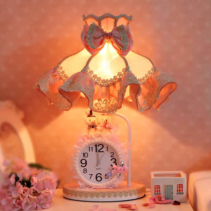 Kids Pink Scalloped Nightstand Light With Fabric Shade Clock And 1 Bulb