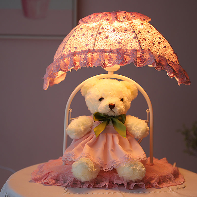 Pink Kids Bear Table Lamp With Lace Trim - Ideal Nursery Nightstand Lighting