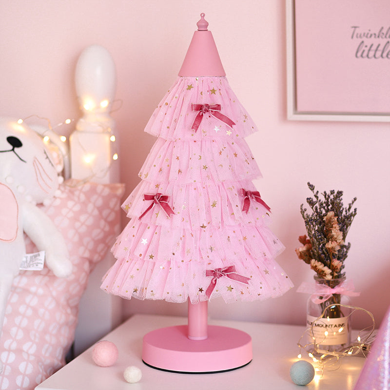 Kids Pink Christmas Tree Table Nightstand Light With Round Base - Perfect For Girls Bedroom