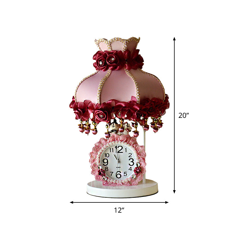 Girls Bedroom Night Light - Purple/Pink Table Lamp With Scalloped Fabric Shade And Clock