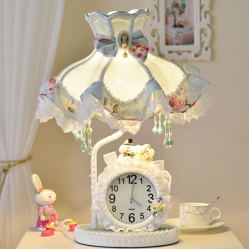 Princess Dress Nightstand Lamp In Aqua With Clock - Kids Fabric 1 Bulb Light For Living Room