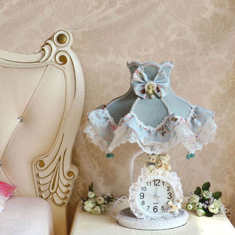 Princess Dress Nightstand Lamp In Aqua With Clock - Kids Fabric 1 Bulb Light For Living Room