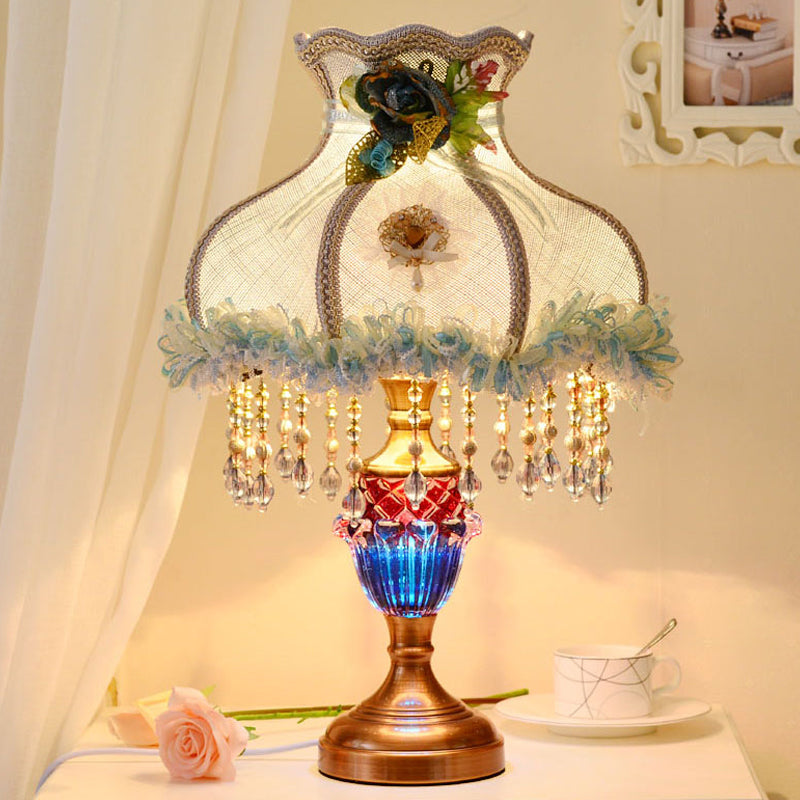European Scalloped Table Lamp: Light Blue Fabric Lace Night With Crystal Accent