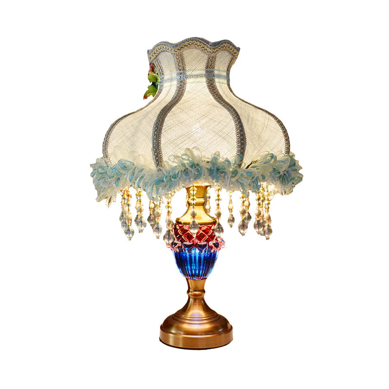 European Scalloped Table Lamp: Light Blue Fabric Lace Night With Crystal Accent