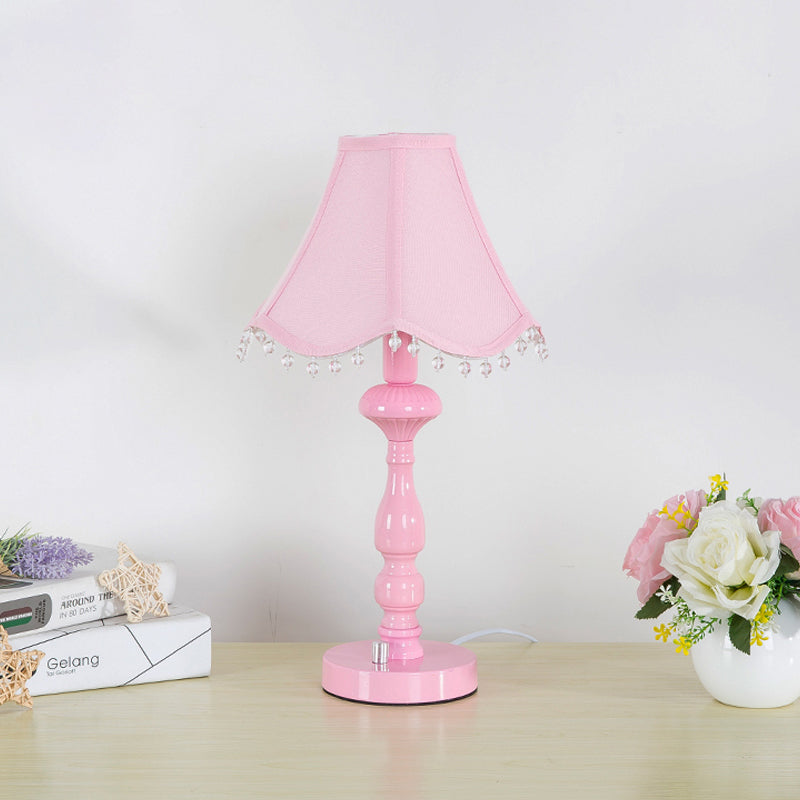 Scalloped Girls Bedroom Table Lamp: Pink Contemporary Night Light With Clear Bead