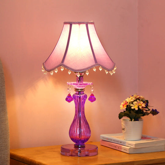 Romantic Pastoral Nightstand Lamp: Purple Cone Light With Fabric Shade And Crystal Accent / C