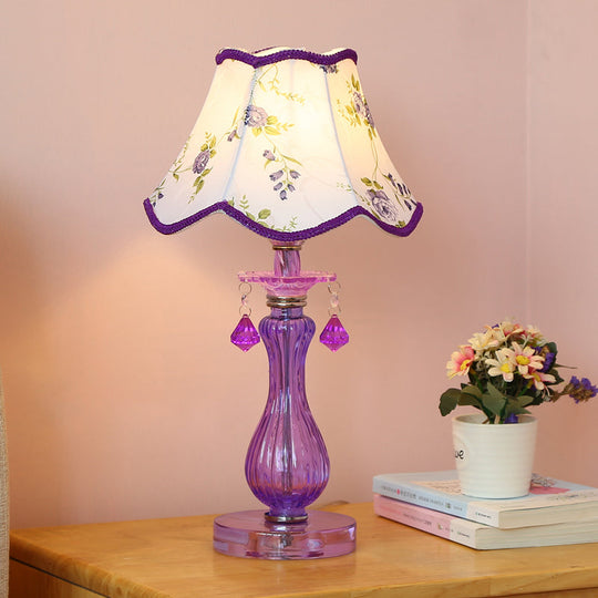 Romantic Pastoral Nightstand Lamp: Purple Cone Light With Fabric Shade And Crystal Accent / D