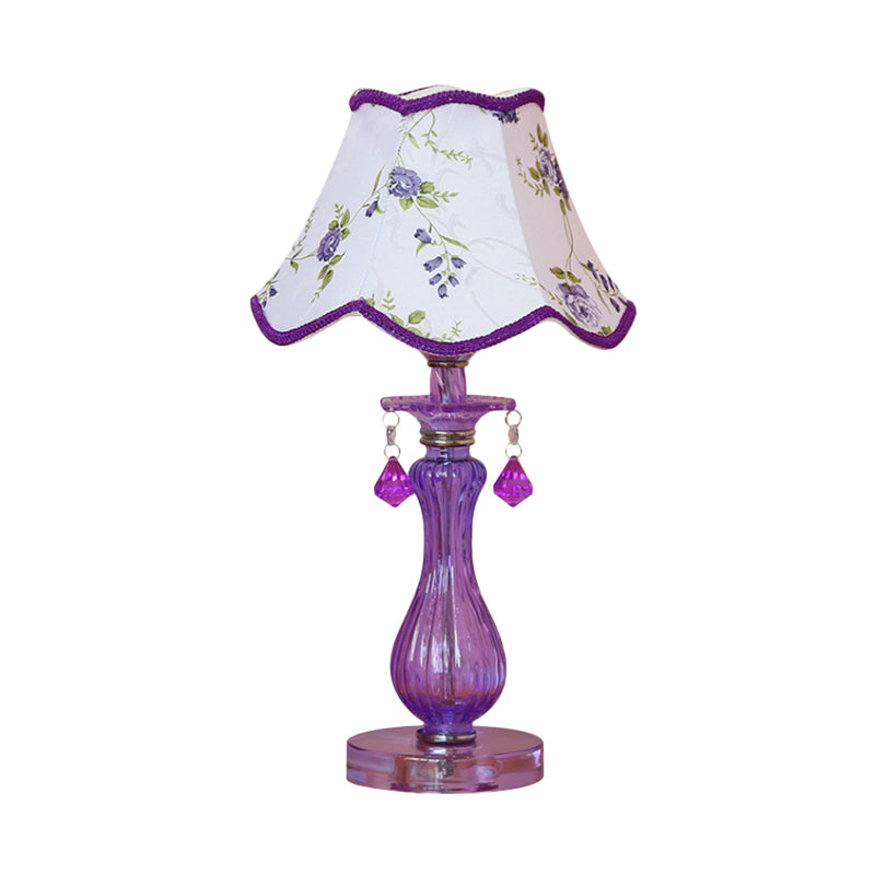 Romantic Pastoral Nightstand Lamp: Purple Cone Light With Fabric Shade And Crystal Accent