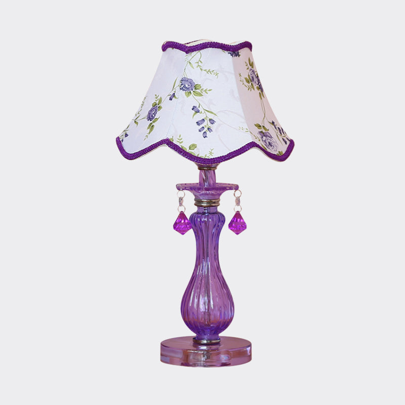 Romantic Pastoral Nightstand Lamp: Purple Cone Light With Fabric Shade And Crystal Accent