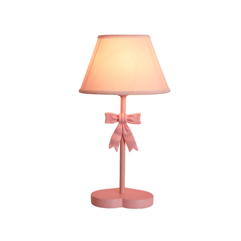 Kids Conical Fabric Night Table Lamp - 1-Bulb Pink Nightstand Light With Bow Decoration