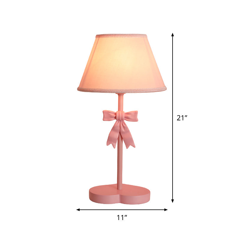 Kids Conical Fabric Night Table Lamp - 1-Bulb Pink Nightstand Light With Bow Decoration