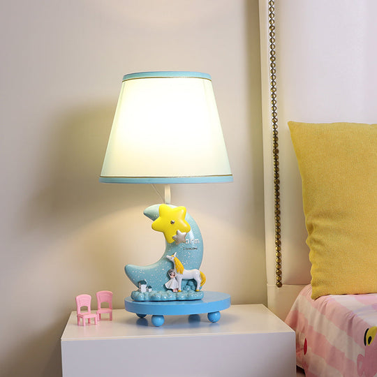Blue Fabric Cone Night Table Lamp With Cartoon Design - Moon And Star Base