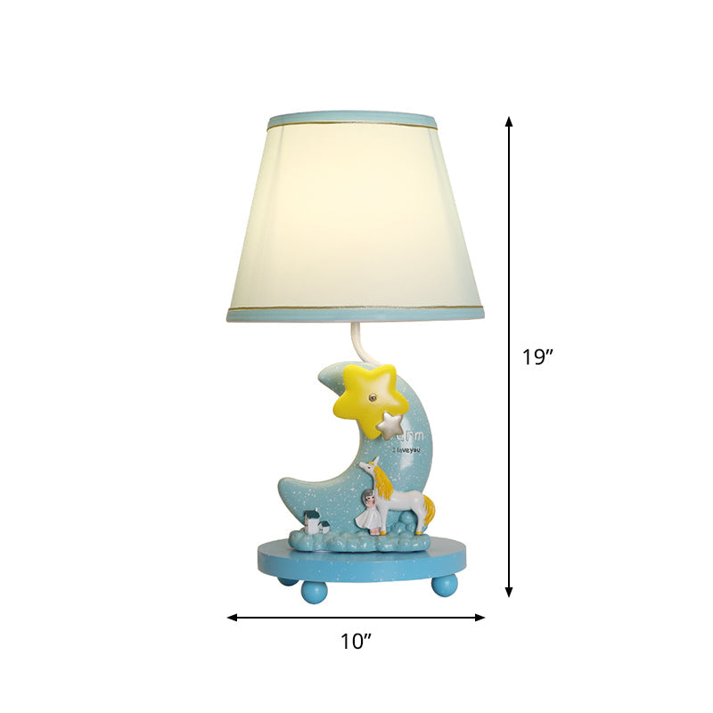 Blue Fabric Cone Night Table Lamp With Cartoon Design - Moon And Star Base