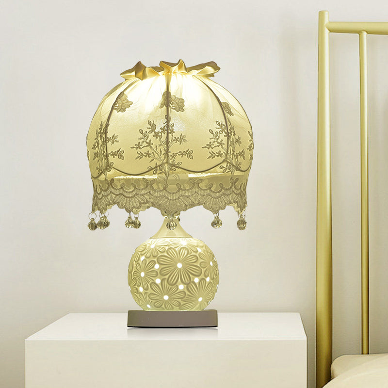 Pastoral Dome Fabric Night Light With Lace Trim And Ceramic Base White