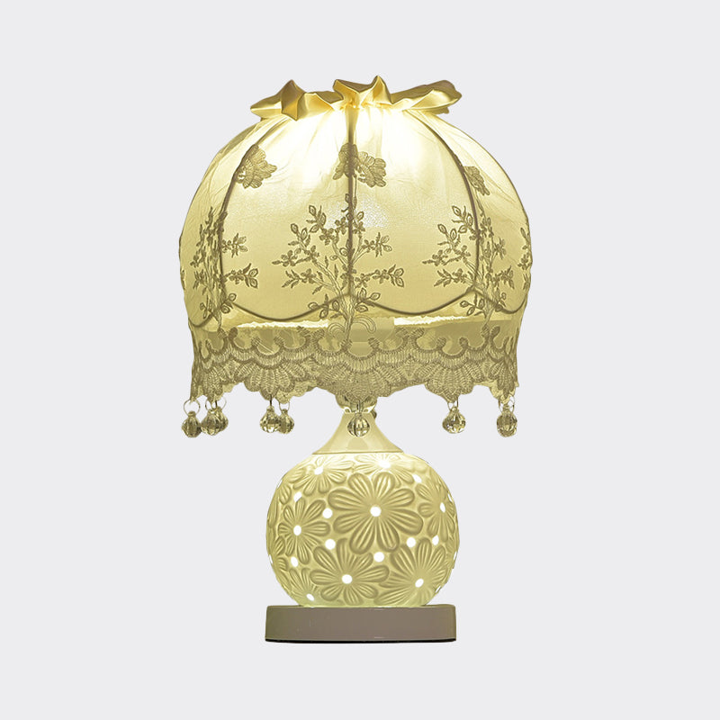 Pastoral Dome Fabric Night Light With Lace Trim And Ceramic Base