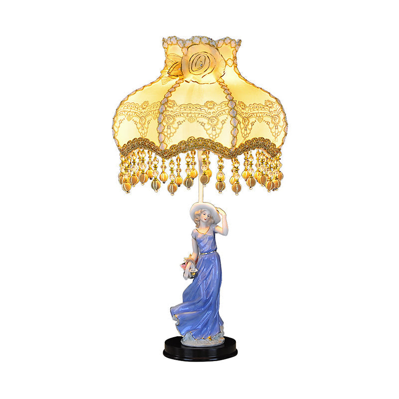 Pastoral Ceramic Woman Night Light - Beige Table Lamp With Fabric Shade