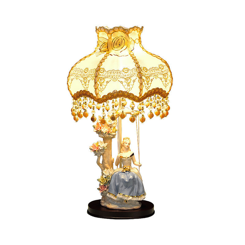 Romantic Beige Ceramic Figure Night Lamp With Scalloped Fabric Shade - Bedroom Table Light