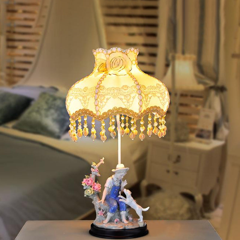 Beige Ruffle Edge Nightstand Lamp - Pastoral 1-Light Fabric Night Light With Ceramic Boy And Dog