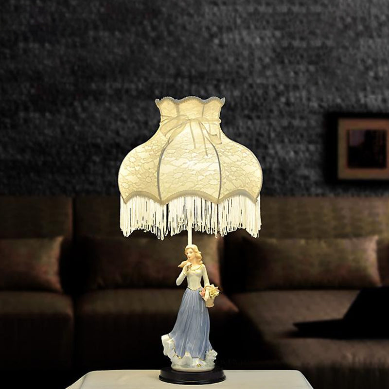 White Countryside Table Lamp With Fabric Shade & Ceramic Girl Decor - Single Bedroom Night Light