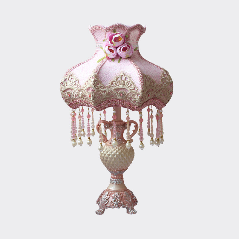 Pastoral Pink Beaded Nightstand Lamp With Urn Resin Base - 1 Bulb Table Light For Bedroom