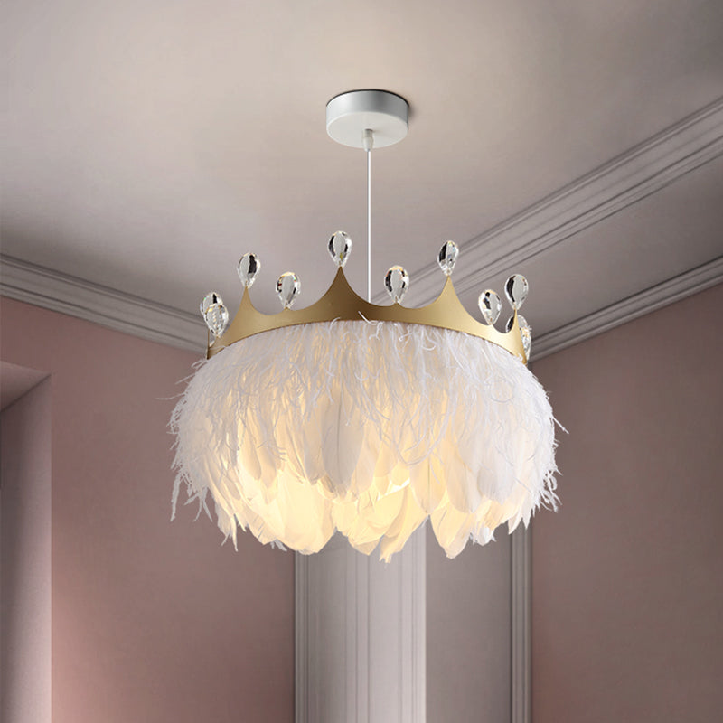 Nordic Crown Feather Pendant Light With Clear Crystal Accent - Gold