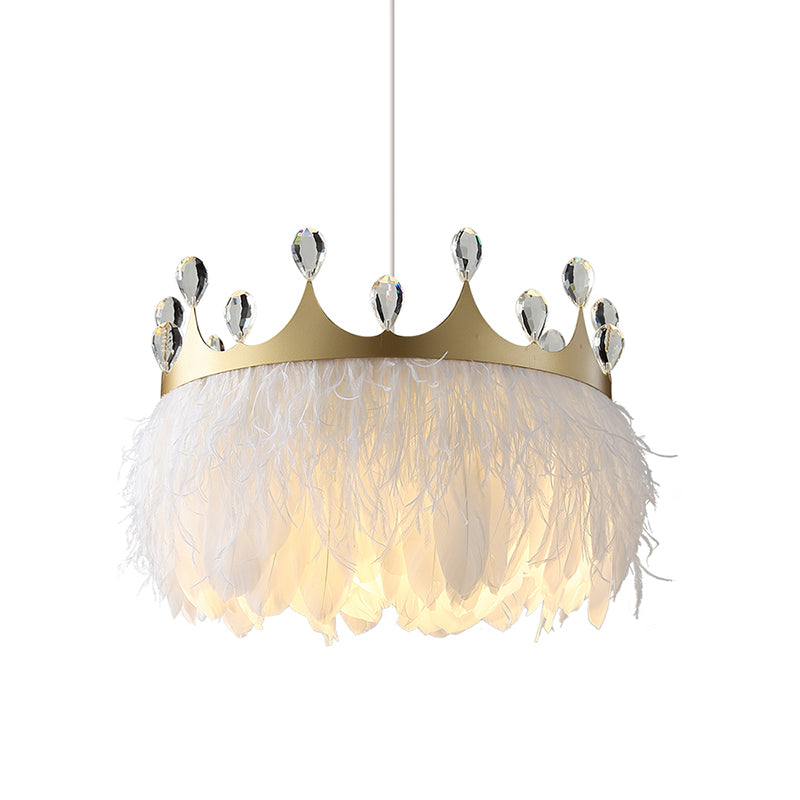 Bronte- Crown Crown Feather Pendant Light Nordic 1 Head Gold Hanging Lamp with Clear Crystal Accent