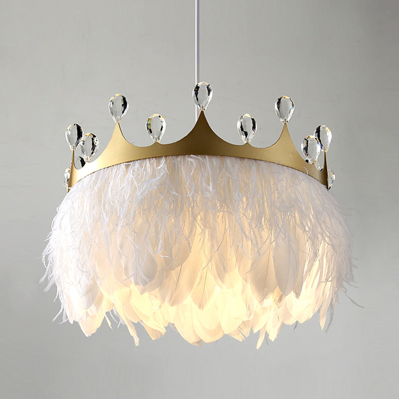 Nordic Crown Feather Pendant Light With Clear Crystal Accent - Gold