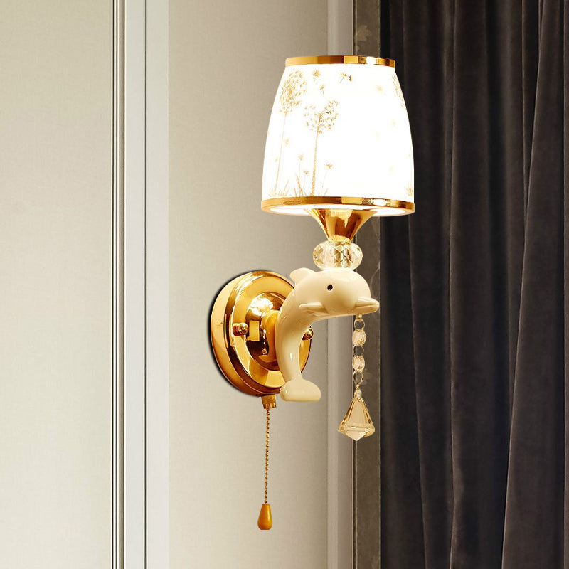Dolphin Wall Mount Light Metal Sconce In White With Pull Chain - Kids Bedside Fixture 1/2 Lights 1 /
