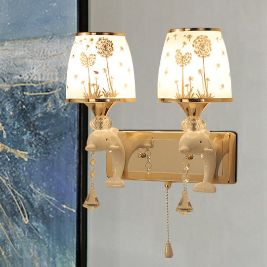 Dolphin Wall Mount Light Metal Sconce In White With Pull Chain - Kids Bedside Fixture 1/2 Lights