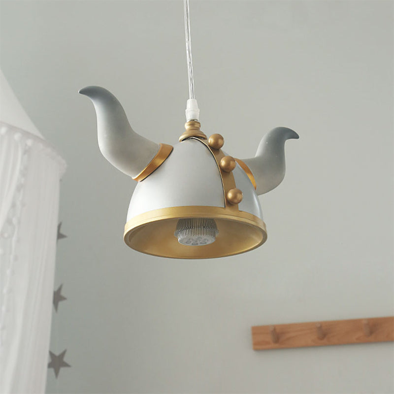 Nordic Metal Pendant Lamp - Ox Horn Helmet Hanging Light Fixture Single Bulb Gray Finish Perfect For