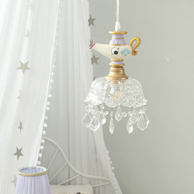 White Teapot Pendant Kids Light - Clear Glass Hanging Ceiling For Bedroom