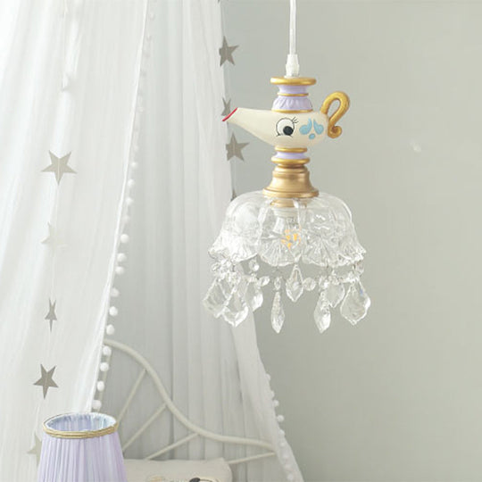 White Teapot Pendant Kids Light - Clear Glass Hanging Ceiling For Bedroom