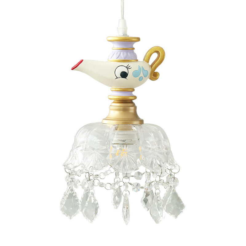 White Teapot Pendant Kids Light - Clear Glass Hanging Ceiling For Bedroom