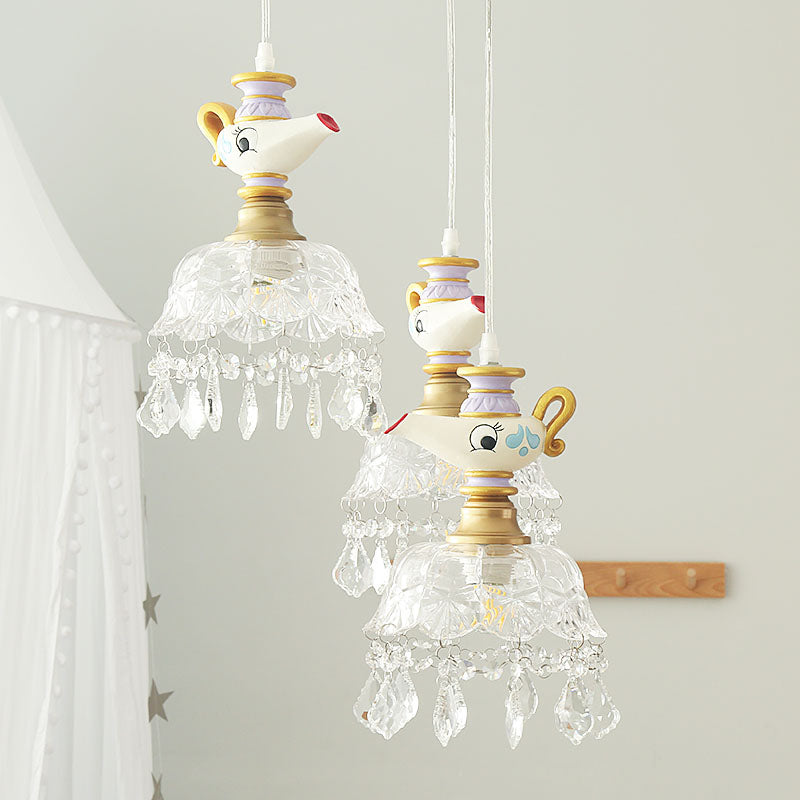 White Teapot Pendant Kids Light - Clear Glass Hanging Ceiling For Bedroom