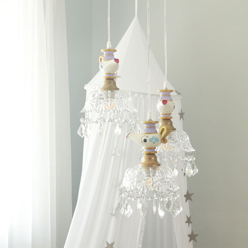 White Teapot Pendant Kids Light - Clear Glass Hanging Ceiling For Bedroom
