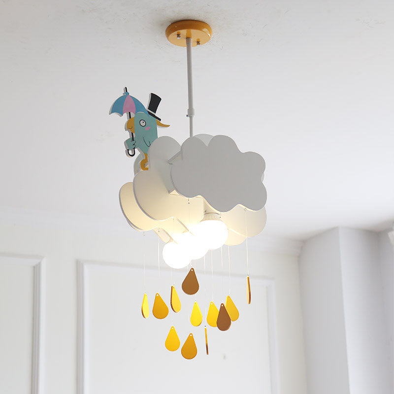 Kids White Pendant Light With Cloud And Birds Wood Shade - Bedroom Ceiling Hanging