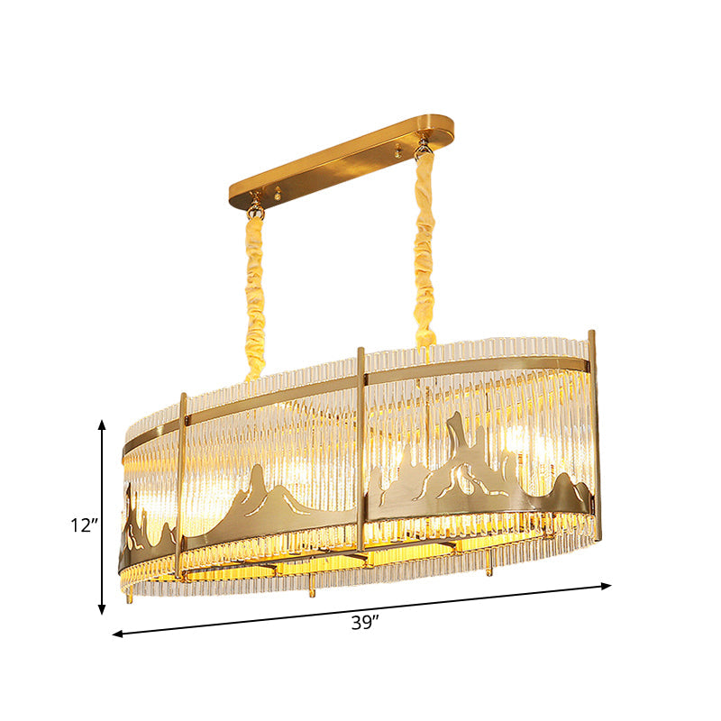 Modern Oval Crystal Rod Island Pendant Lamp With Gold Carved Mountain Pattern