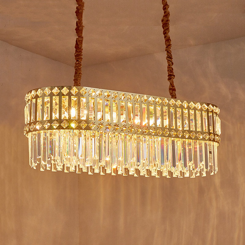 Contemporary 10-Light Crystal Pendant For Elongated Dining Tables In Gold