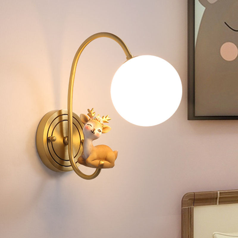 Gold Kids Night Lamp With Deer Decoration And Opal Glass Shade